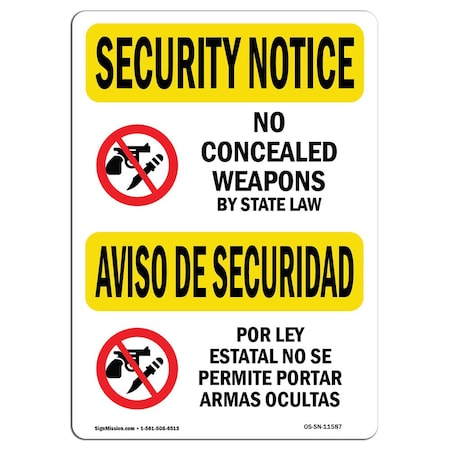 Signmission Sign, 18" H, 24" W, Plastic, No Concealed Weapons Bilingual, Landscape, SN-P-1824-L-11587 OS-SN-P-1824-L-11587
